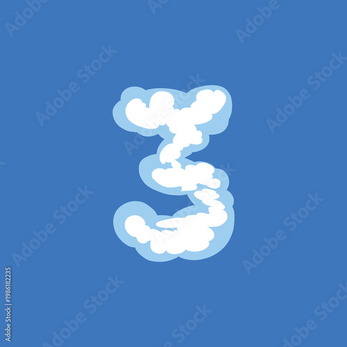 Creative cloud-style editable vector number 3. Soft puffy white text effect on blue background. Professional EPS for sky-themed graphic designs and numeric layouts. White Puffy Cloud Vector Number 3 .