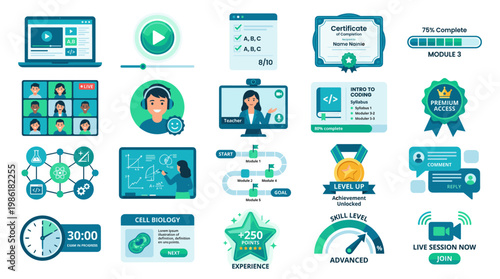 Online education and training infographic set with course, certificate, video class, progress and achievement icons in clean hand drawn style isolated on white background