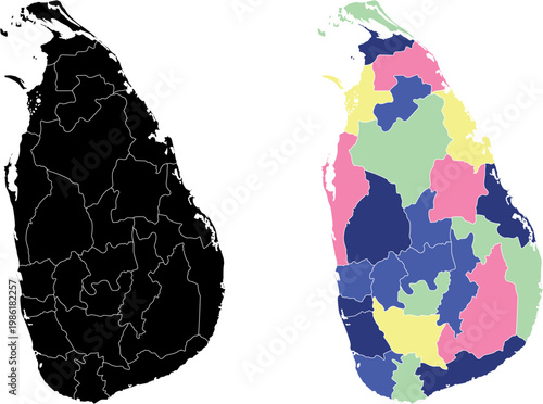 Sri Lanka Administrative Map Silhouette and Colorful District Vector