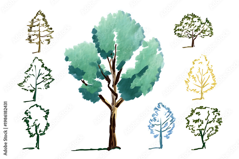 Fototapeta premium Tree icons, colorful tree silhouettes, tree illustrations, 7 trees