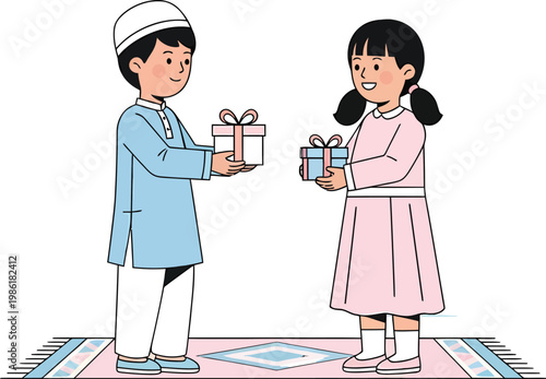 A boy in traditional attire gives a gift to a smiling girl, symbolizing the joy of sharing during holiday celebrations.