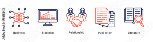Business insight icon set featuring data analysis,communication,and reporting elements.Perfect for corporate and analytical design projects.
