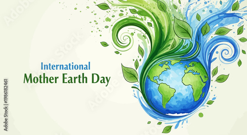 International Mother Earth Day illustration with planet Earth and flowing green leaves and water splashes symbolising growth and nature's renewal