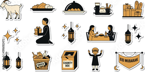 Eid Al Adha festival illustrations depict traditions like charity, gift-giving, and communal meals with religious.