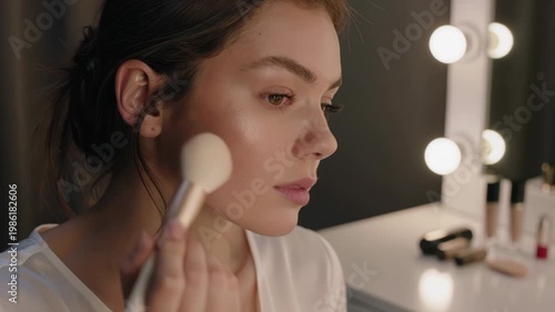 Woman applying makeup with a brush in front of a vanity mirror at home