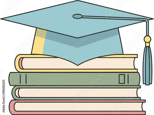 Stack of books topped with a graduation cap symbolizes academic achievement and higher education success.