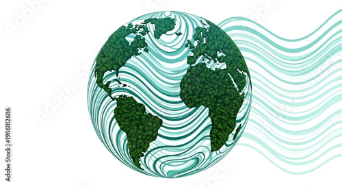 Vibrant green Earth globe encircled by flowing abstract blue lines, symbolizing global ecology, environmental interconnectedness, and sustainable future