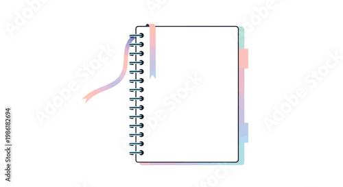 Open spiral notebook with colorful bookmarks and ribbons displays blank pages for notes or plans.