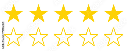 Five stars rating vector icon set. Golder 5 star shapes collection. Flat and outline design for customer reviews, product feedback, and app or website UI elements. Five yellow stars rating system.