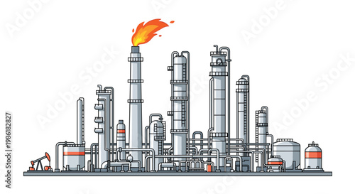 An intricate grey line art illustration depicts a massive industrial oil refinery complex featuring a network of pipes and a tall flaming exhaust stack.