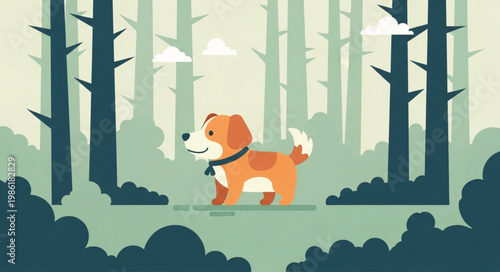 A happy brown puppy and cute forest animals sit together in this funny cartoon vector illustration of a domestic pet dog on a roof