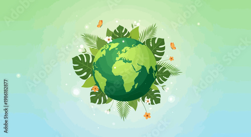 A vibrant illustration of planet Earth surrounded by lush green leaves and delicate butterflies, symbolizing environmental awareness and nature's beauty