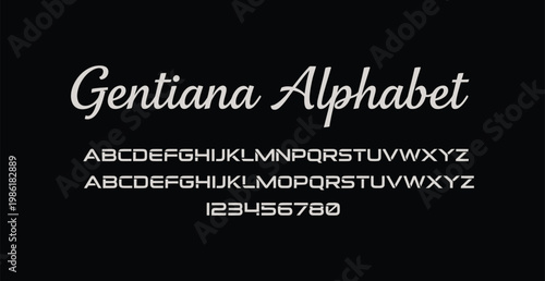 A stylish display of the Gentiana Alphabet font on a black background