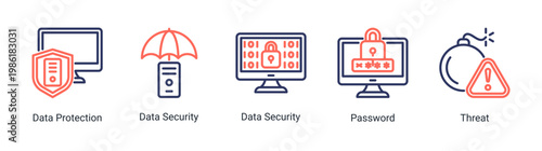 Security layer icon set with data protection,password,and threat elements.Ideal for cybersecurity and digital protection designs.