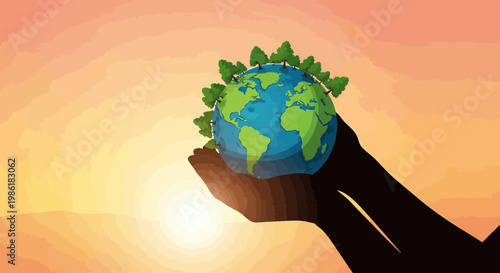 A silhouetted hand tenderly holds the Earth, adorned with trees, against a radiant sunset, symbolizing global environmental protection and a sustainable future