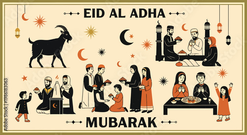 Eid al-Adha celebration depicts sacrifice, family gatherings, and sharing, representing devotion and charity within the.