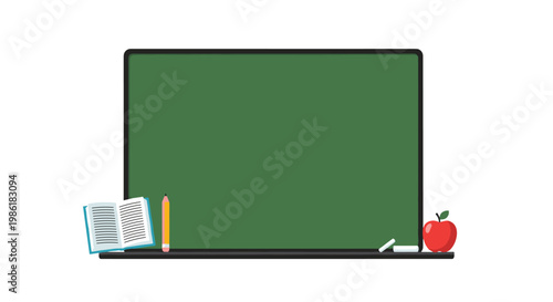 A pristine green chalkboard stands centrally surrounded by an open blue textbook, a sharpened yellow pencil, white chalk pieces, and a vibrant red apple.