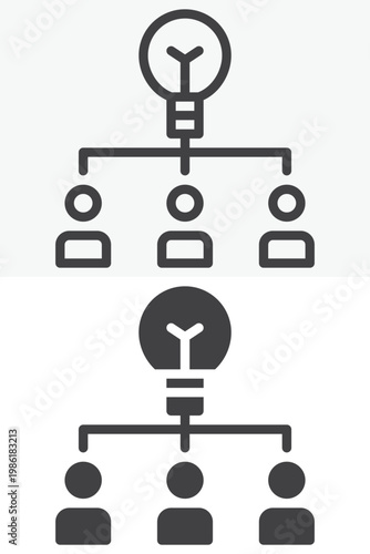 Teamwork idea icon set with light bulb and connected people nodes. Line, outline and solid icon styles. Editable stroke vector sign, symbol. Teamwork idea icon for collaboration twice.
