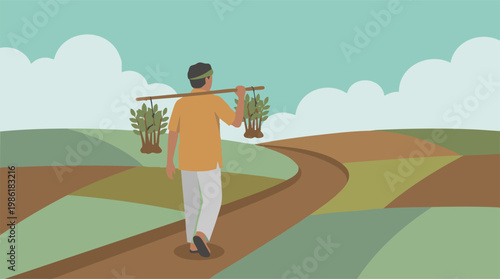 Farmer Carrying Young Plants on a Shoulder Pole Through Agricultural Fields