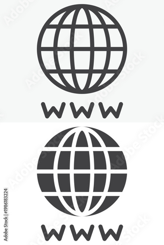 World internet icon set with globe and www symbols. Line, outline and solid icon styles. Editable stroke vector sign, symbol. World internet icon for global web twice.