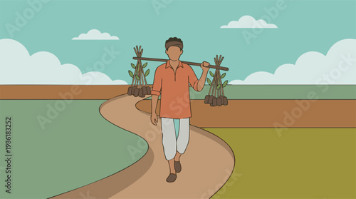Farmer carrying saplings for planting in a rural agricultural landscape
