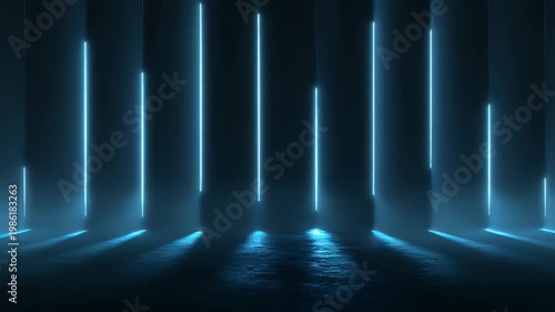 Abstract futuristic dark room with vertical blue neon glowing laser lines moving on walls and reflecting on wet floor surface creating cinematic high tech atmosphere for digital background.