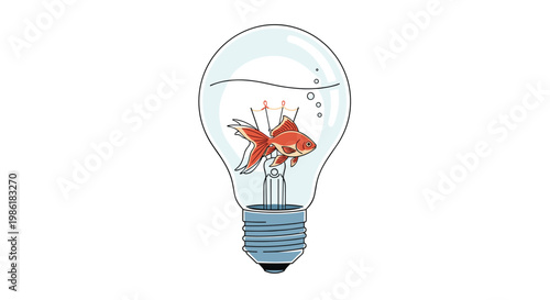 A solitary orange goldfish swims gracefully within the water-filled glass of a classic lightbulb featuring delicate air bubbles and a metallic base.