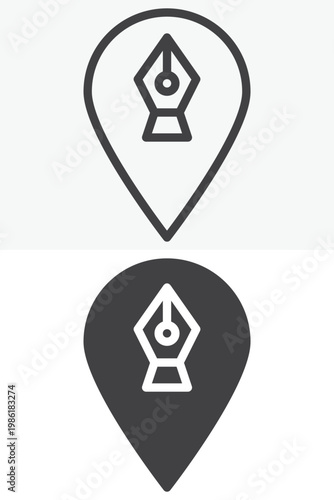 Pen tool location pin icon set combining map pin and nib. Line, outline and solid icon styles. Editable stroke vector sign, symbol. Pen tool location icon for mapping twice.