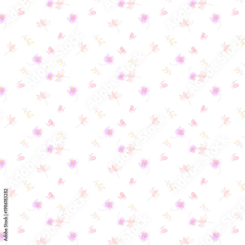 pattern con delicati fiorellini, ramoscelli e farfalle in trasparenza isolati 