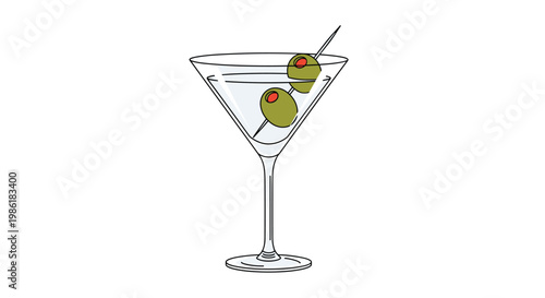 A sophisticated martini glass holds a clear cocktail garnished with two green olives on a toothpick against a minimalist white background with lines.
