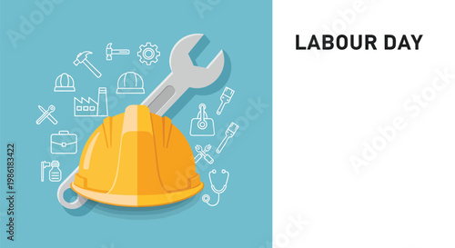 Labor Day graphic featuring a hard hat and tools with text overlay for holiday greetings.