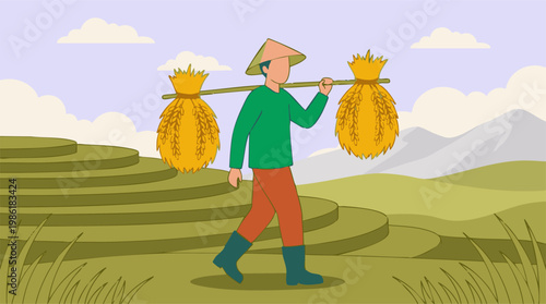Farmer carrying rice harvest on shoulder pole through terraced fields
