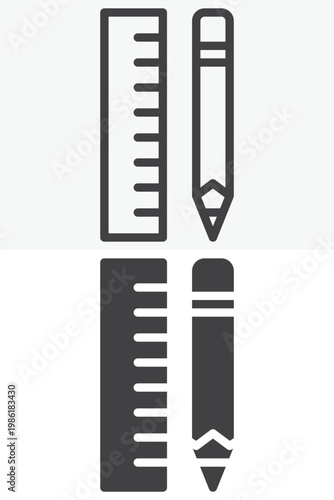Pencil and ruler icon set for drafting and measurement. Line, outline and solid icon styles. Editable stroke vector sign, symbol. Pencil ruler icon for design twice.