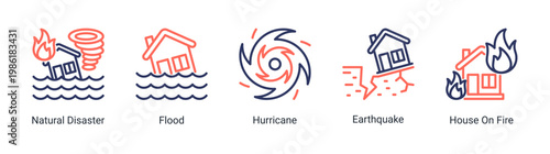 Disaster events icon set with natural hazards and emergency situations.Ideal for crisis management and environmental risk designs.