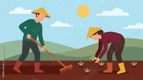Farmers planting seedlings and raking soil in a sunny agricultural field