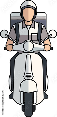 Delivery person riding a scooter with a large insulated bag, representing fast food or parcel service.
