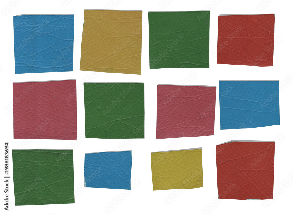 Fototapeta premium Colorful Square Foam Scraps Set with Scratched Texture on Transparent Background