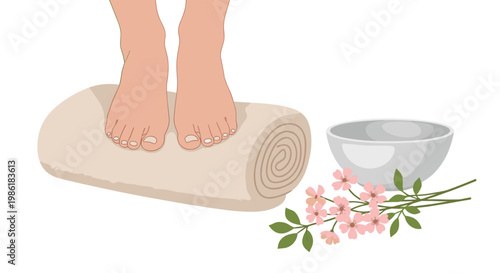 A pair of feet stand atop a rolled beige towel next to a grey ceramic bowl and a sprig of pink flowers in a professional and calming spa setting.