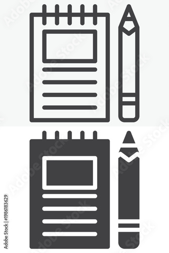 Sketch notebook and pencil icon set for drawing notes. Line, outline and solid icon styles. Editable stroke vector sign, symbol. Notebook pencil icon for sketch twice.