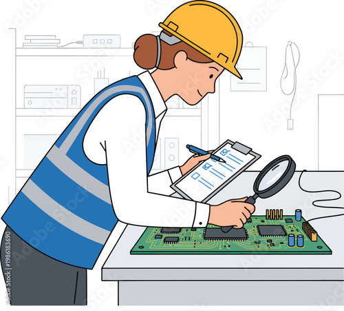 Female engineer inspecting circuit board, quality control, electronics manufacturing, industrial worker