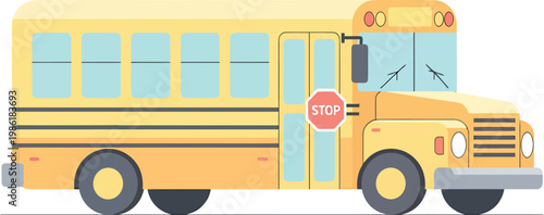 Yellow school bus with stop sign, conveying transportation for students to educational institutions.
