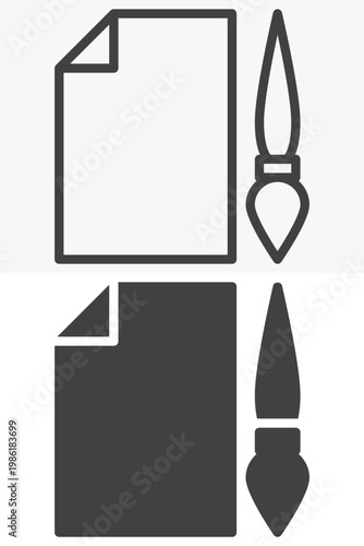 Paper document and paint brush icon set for creative files. Line, outline and solid icon styles. Editable stroke vector sign, symbol. Document brush icon for design twice.