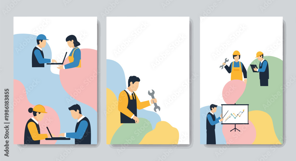 Fototapeta premium Various workers, including engineers and technicians, engage in different tasks across multiple panels.