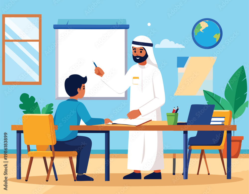 Fototapeta premium Arab Teacher Explaining Lesson to Young Student in Classroom Illustration.