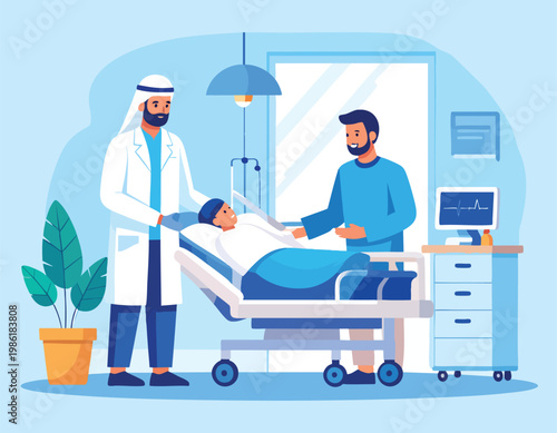 Arab Doctor and Relative Visiting Patient in Hospital Room Vector Illustration.