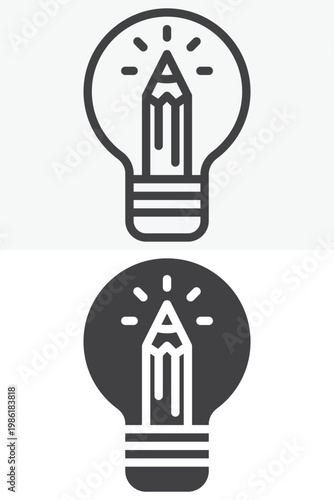 Lamp and pencil icon set symbolizing idea and creation. Line, outline and solid icon styles. Editable stroke vector sign, symbol. Lamp pencil icon for idea twice.