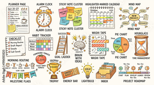 Productivity and planning icons set with planner, clock, checklist, budget, goals, reminders and project tools in colorful hand drawn style isolated on white background