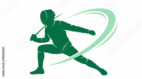 Fencer silhouette in lunge pose with dynamic green swoosh graphic