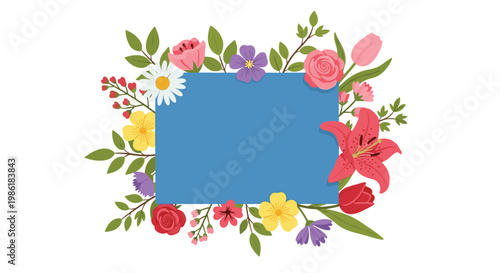 A vibrant blue rectangular greeting card is framed by an exquisite arrangement of colorful spring flowers and lush green leaves on a white background.