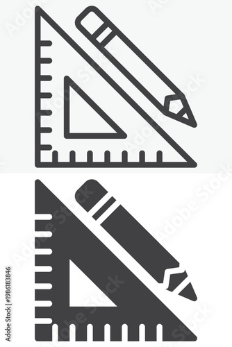 Triangle ruler and pencil icon set for drafting geometry. Line, outline and solid icon styles. Editable stroke vector sign, symbol. Triangle ruler pencil icon for design twice.